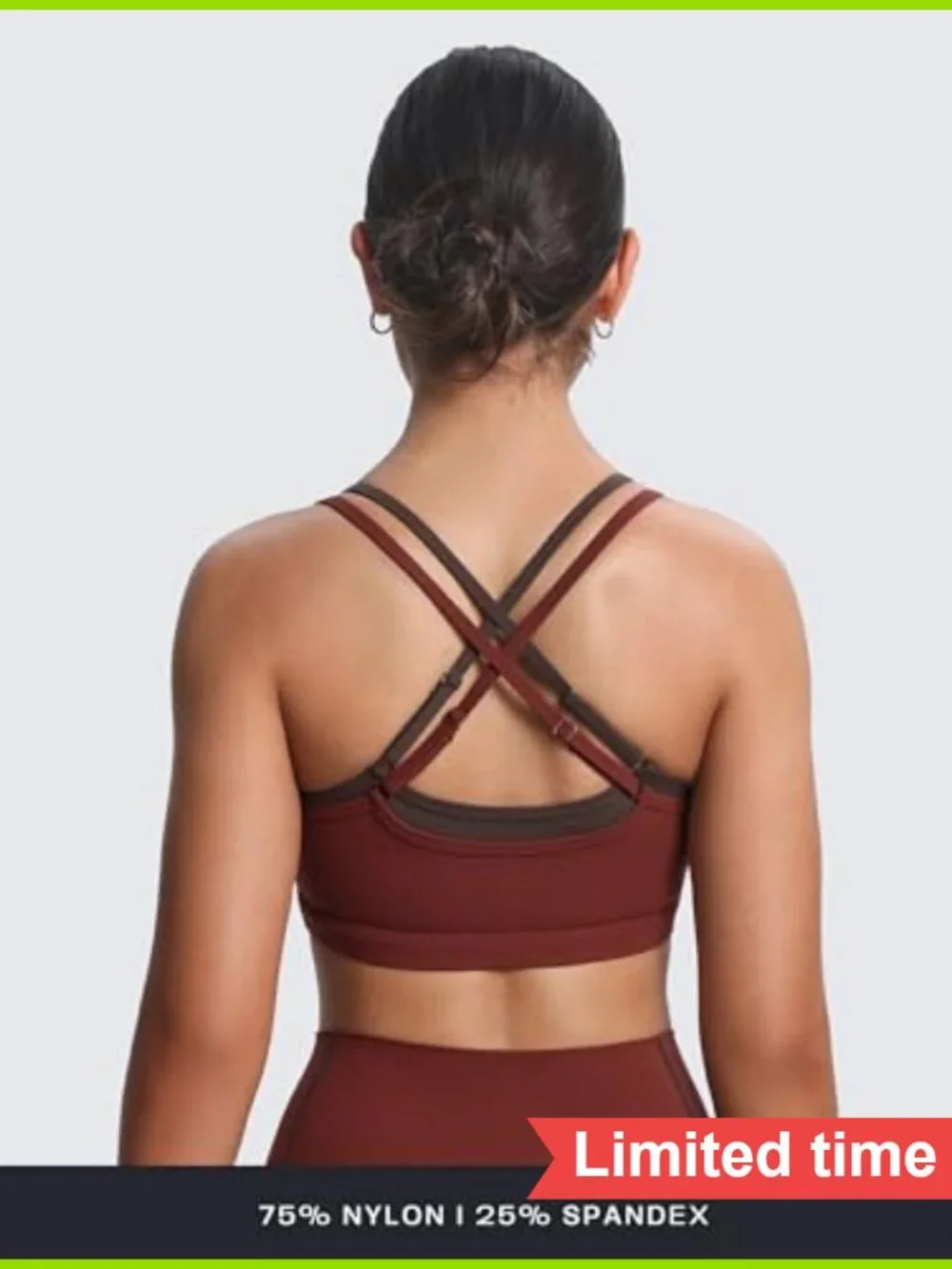 Double Layer High Impact Sports Bra, Cross-Back, Removable Pads, 75% Nylon 25%